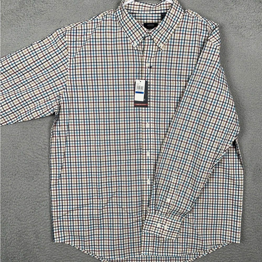 NEW Arrow Shirt Mens XL Hamilton Poplin Multicolor Plaid Button-Down Long Sleeve